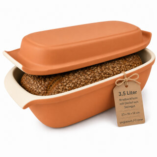 3,5 Liter Brotbackform mit Deckel aus Steingut, 33×16×14 cm – außen unglasiert, innen creme glasiert