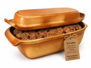 3,5 Liter Brotbackform mit Deckel aus Steingut, 33×16×14 cm – bernsteinbraun mit Farbverlauf, glasiert
