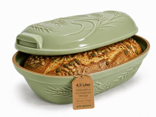 4,5 Liter Brotbackform mit Deckel und Getreidemuster aus Steingut, 38x24x15 cm – grün, glasiert