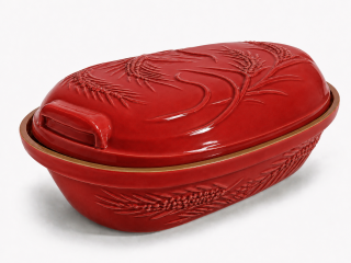 4,5 Liter Brotbackform mit Deckel und Getreidemuster aus Steingut, 38x24x15 cm – rot, glasiert