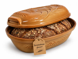 4,5 Liter Brotbackform mit Deckel und Getreidemuster aus Steingut, 38x24x15 cm – bernsteinbraun mit Farbverlauf, glasiert