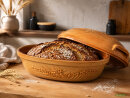 4,5 Liter Brotbackform mit Deckel und Getreidemuster aus Steingut, 38x24x15 cm – bernsteinbraun mit Farbverlauf, glasiert