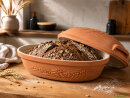 4,5 Liter Brotbackform mit Deckel und Getreidemuster aus Steingut, 38x24x15 cm – außen unglasiert, innen creme glasiert