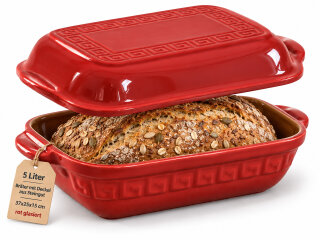 5 Liter Brotbackform mit Deckel aus Steingut, 37×25×15 cm – rot, glasiert