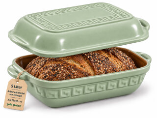 5 Liter Brotbackform mit Deckel aus Steingut, 37×25×15 cm – grün, glasiert
