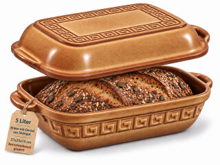5 Liter Brotbackform mit Deckel aus Steingut, 37×25×15 cm – bernsteinbraun mit Farbverlauf, glasiert