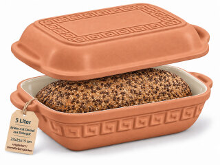 5 Liter Brotbackform eckig mit Deckel aus Steingut, 37×25×15 cm – außen unglasiert, innen creme glasiert