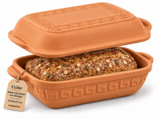 5 Liter Brotbackform mit Deckel aus Steingut, 37×25×15 cm – unglasiert