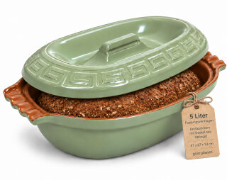 5 Liter Brotbackform oval mit Deckel aus Steingut, 38x24x15 cm - grün, glasiert