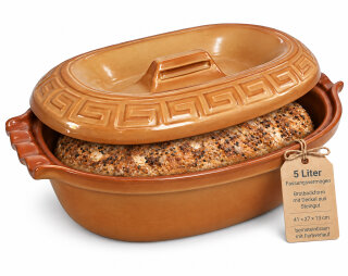 5 Liter Brotbackform oval mit Deckel aus Steingut, 41x27x13 cm - bernsteinbraun mit Farbverlauf, glasiert