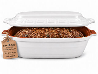 6 Liter Brotbackform – großer ovale Bräter mit Deckel aus Steingut, 43×27×16 cm, weiß glasiert