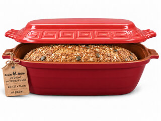 6 Liter Brotbackform – großer ovale Bräter mit Deckel aus Steingut, 43×27×16 cm, rot glasiert