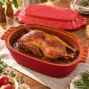 6 Liter Brotbackform – großer ovale Bräter mit Deckel aus Steingut, 43×27×16 cm, rot glasiert
