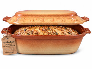 6 Liter Brotbackform – großer ovale Bräter mit Deckel aus Steingut, 43×27×16 cm, bernsteinbraun mit Farbverlauf, glasiert