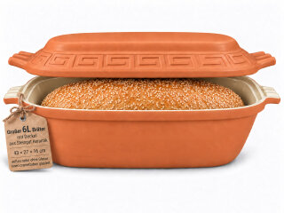 6 Liter Brotbackform – großer ovale Bräter mit Deckel aus Steingut, 43×27×16 cm, außen unglasiert, innen creme glasiert